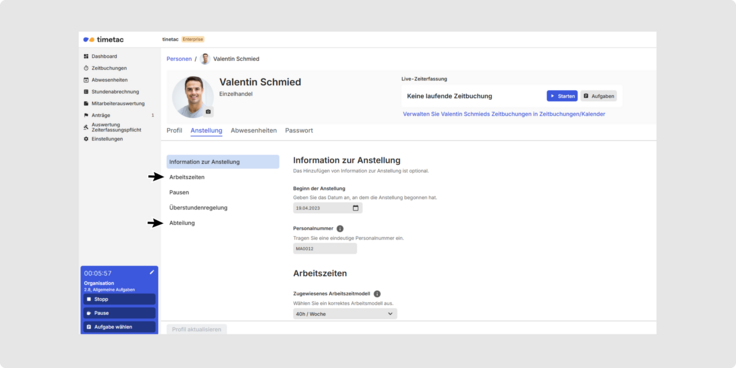 Screenshot aus TimeTac: Im Profil eines wiederhergestellten Benutzers sollten überprüft werden, ob unter Anstellung Arbeitszeiten und Abteilung korrekt zugeordnet sind.
