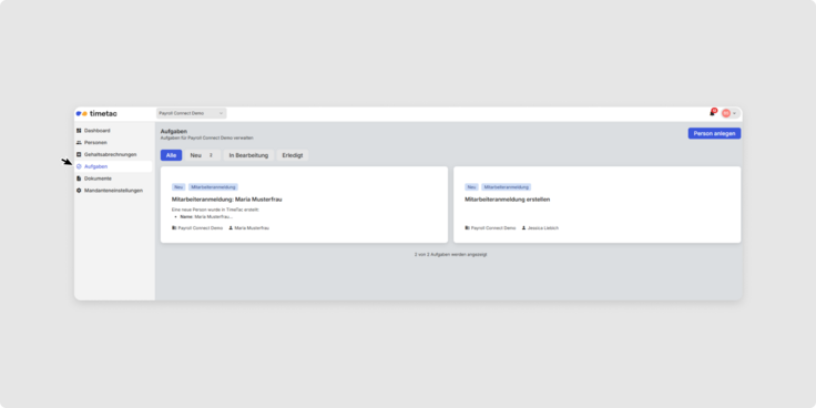 Übersicht Aufgaben in Payroll Connect
