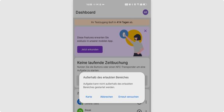 Screenshot der TimeTac-App zur mobilen Zeiterfassung mit automatischem Antrag beim Ausstempeln außerhalb des Geofences