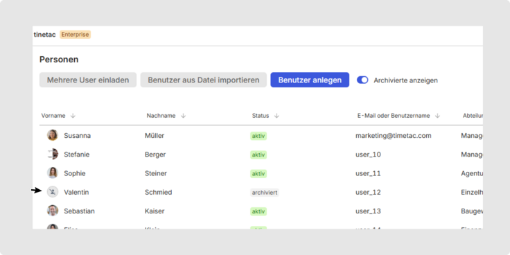 Screenshot aus TimeTac: Archivierte Benutzer werden im Bereich grau und mit dem Status archiviert dargestellt. 