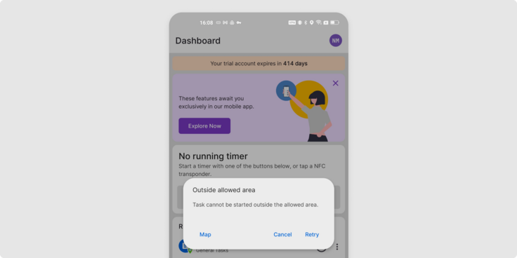 Screenshot of the TimeTac App for mobile time tracking: task can not be started or stopped outside the allowed area