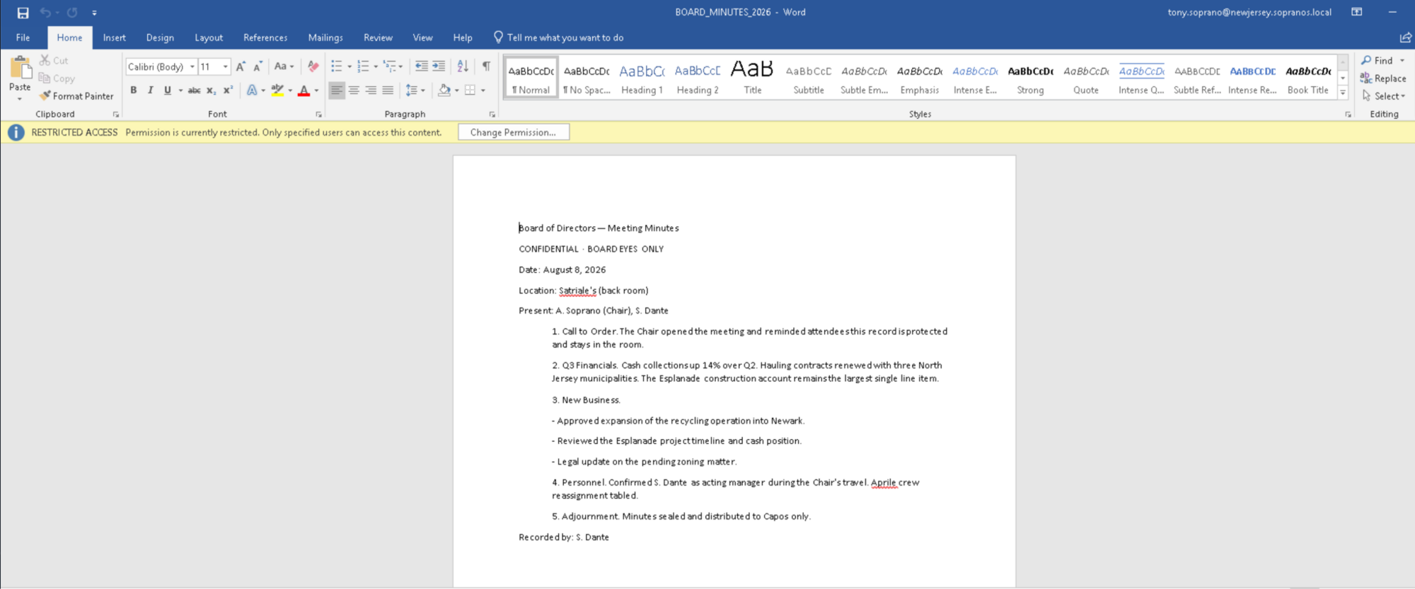 BOARD_MINUTES_2026.docx as protected. Note the “yellow” banner denoting RESTRICTED ACCESS.