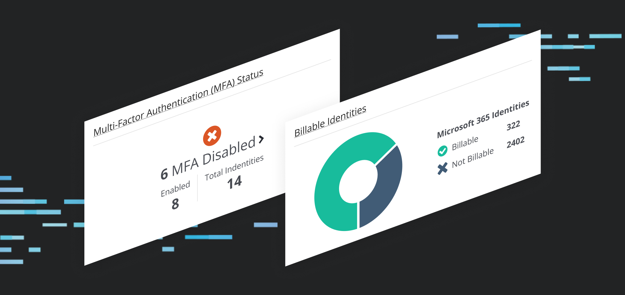 Two cloud identities cards showing MFA status and billable user counts
