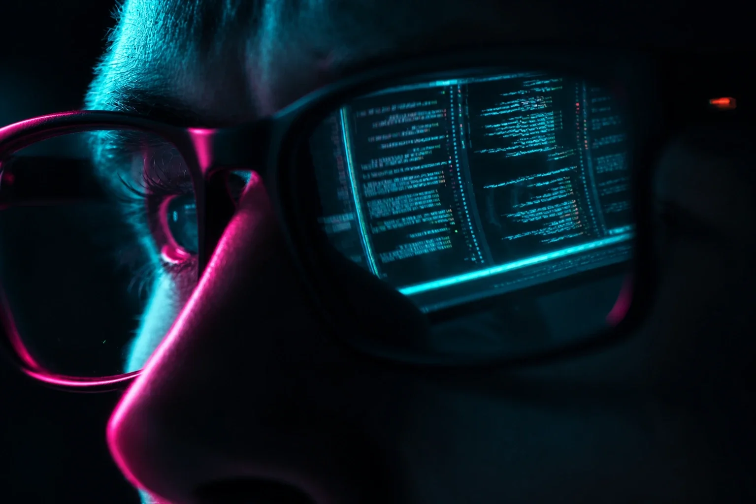  a person with glasses with code reflected in their glasses