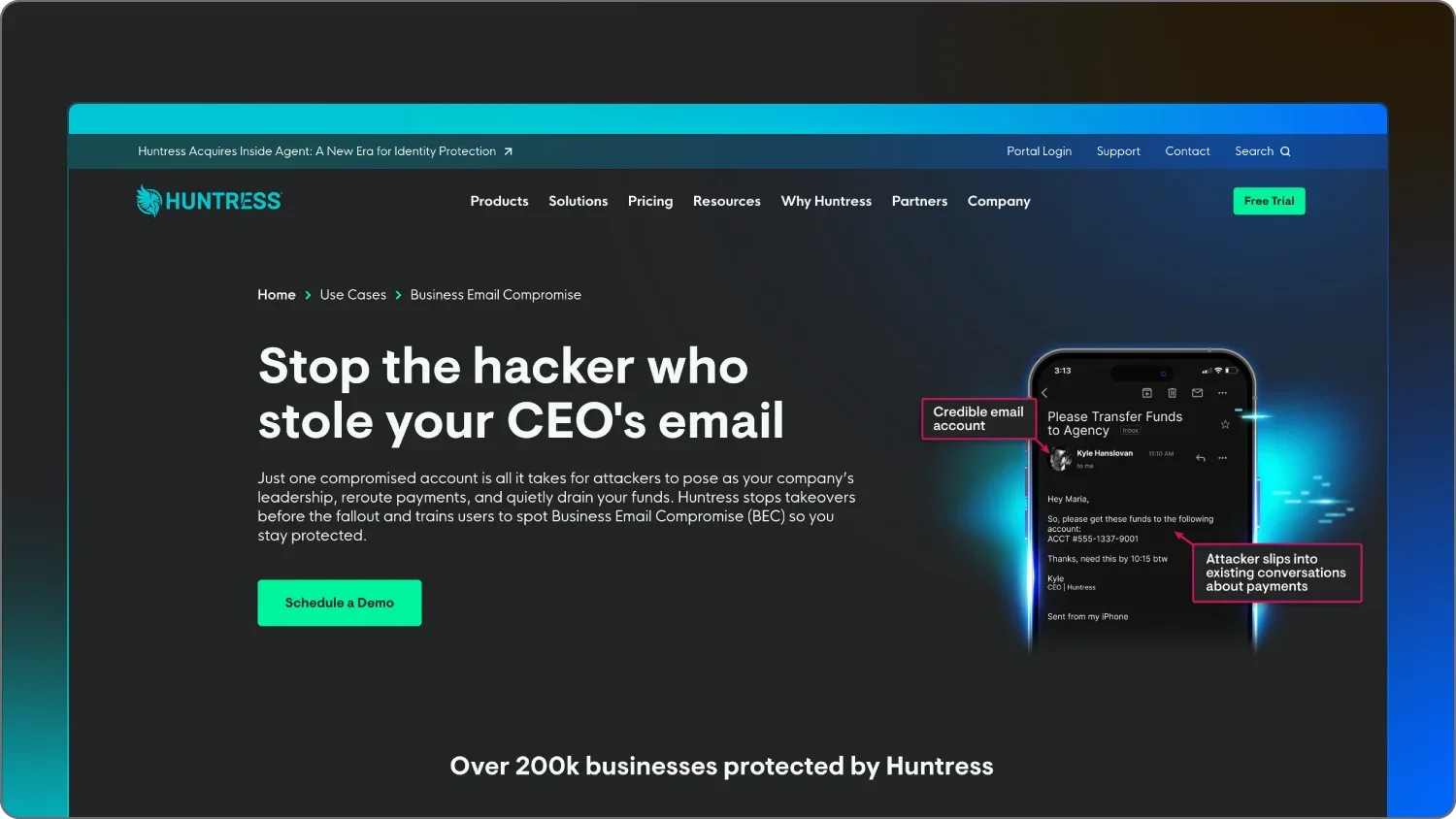 A screenshot of Huntress’s Business Email Compromise page
