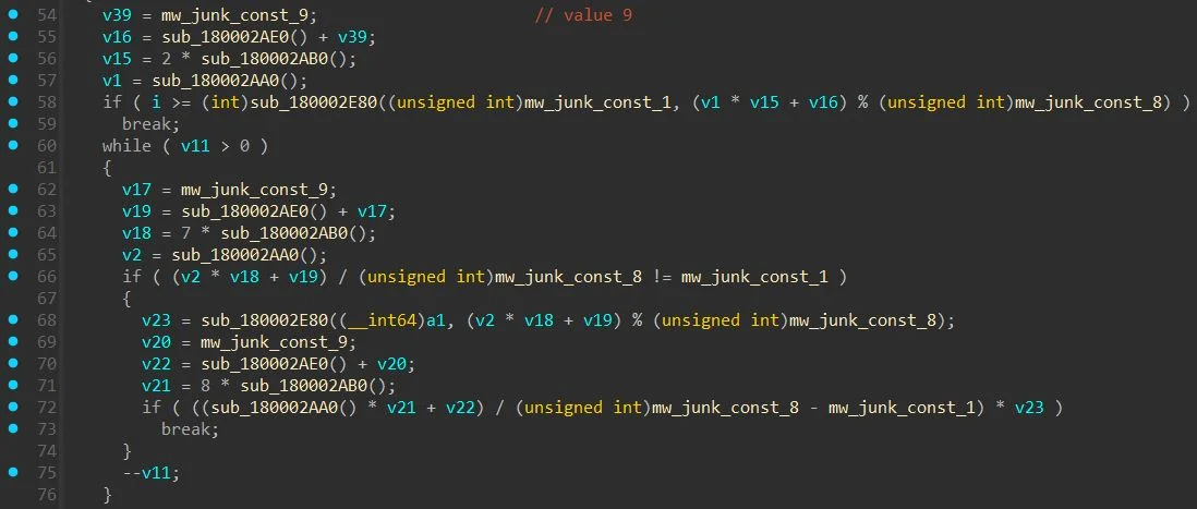Junk code obfuscation in jli.dll, arithmetic expressions using fixed constants that always evaluate to the same result (Source : Huntress). 
