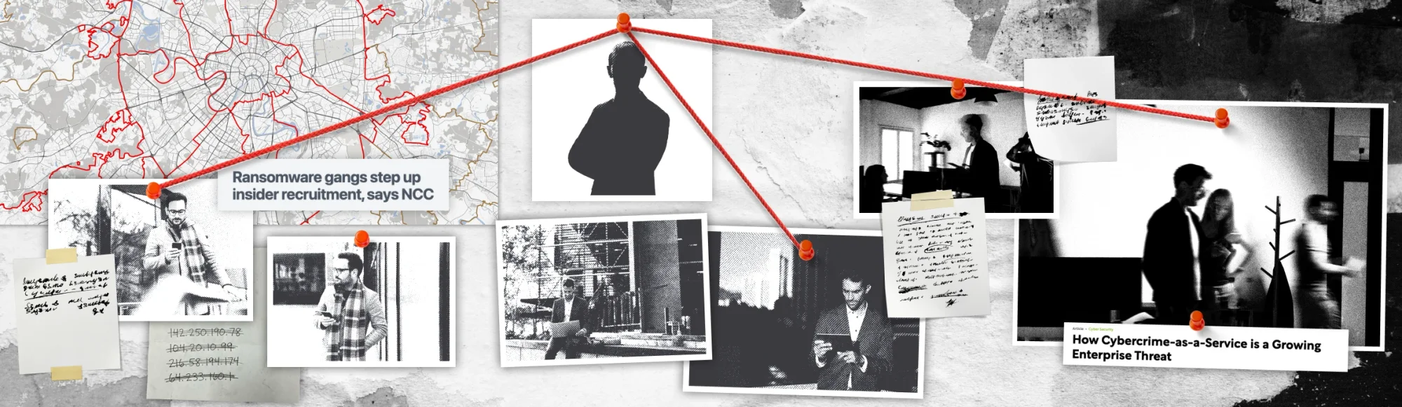 Image of photographs pinned on a map, with red string attached to pins going across it