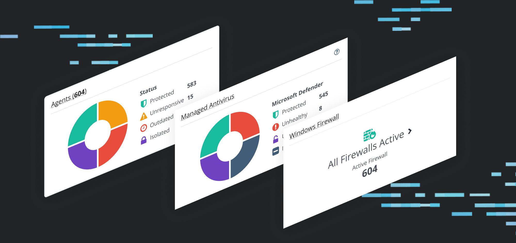 Three EDR cards showing Huntress Agent status, Microsoft Defender, and Windows Firewall counts