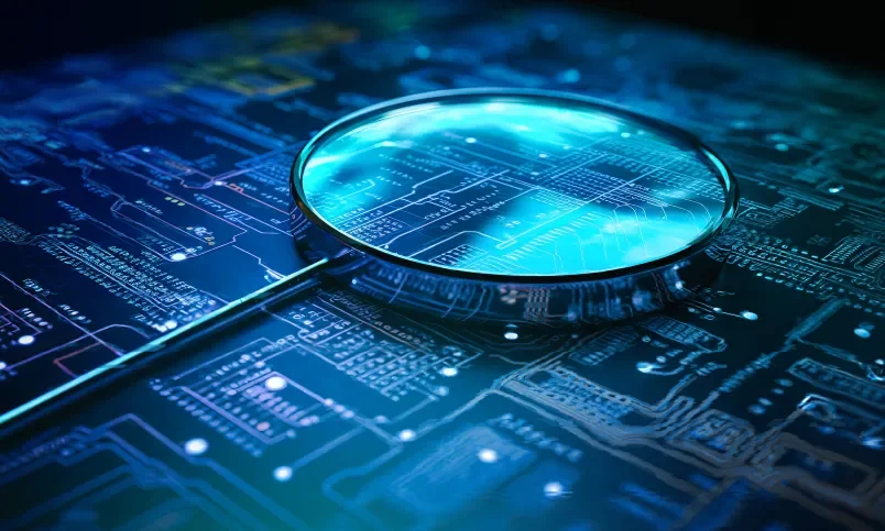 Magnifying glass sitting on top of a code graphic