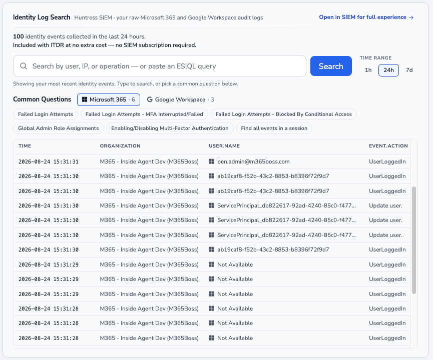 Search identity events by user, IP address, or operation