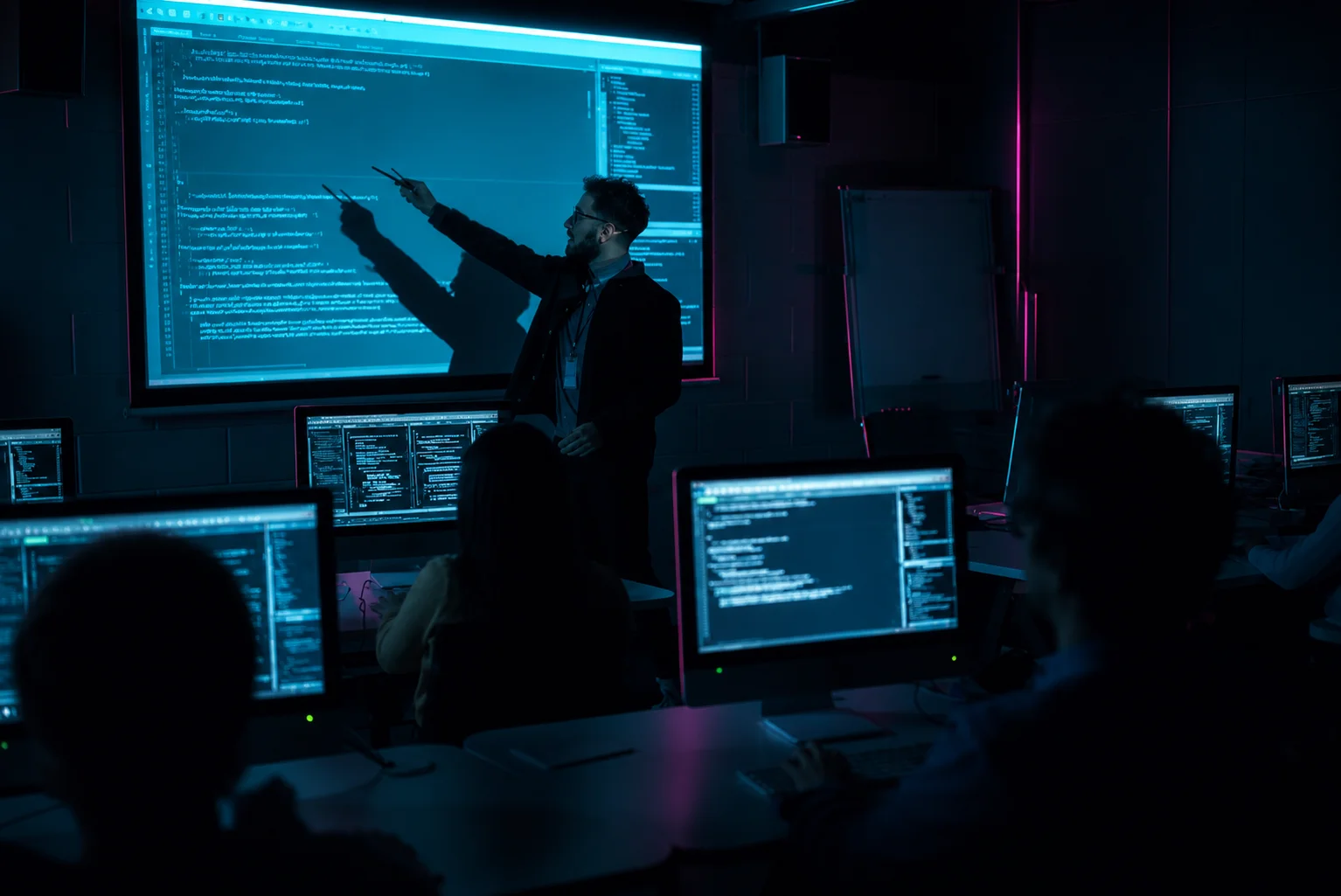 Man in a classroom pointing at the projection screen