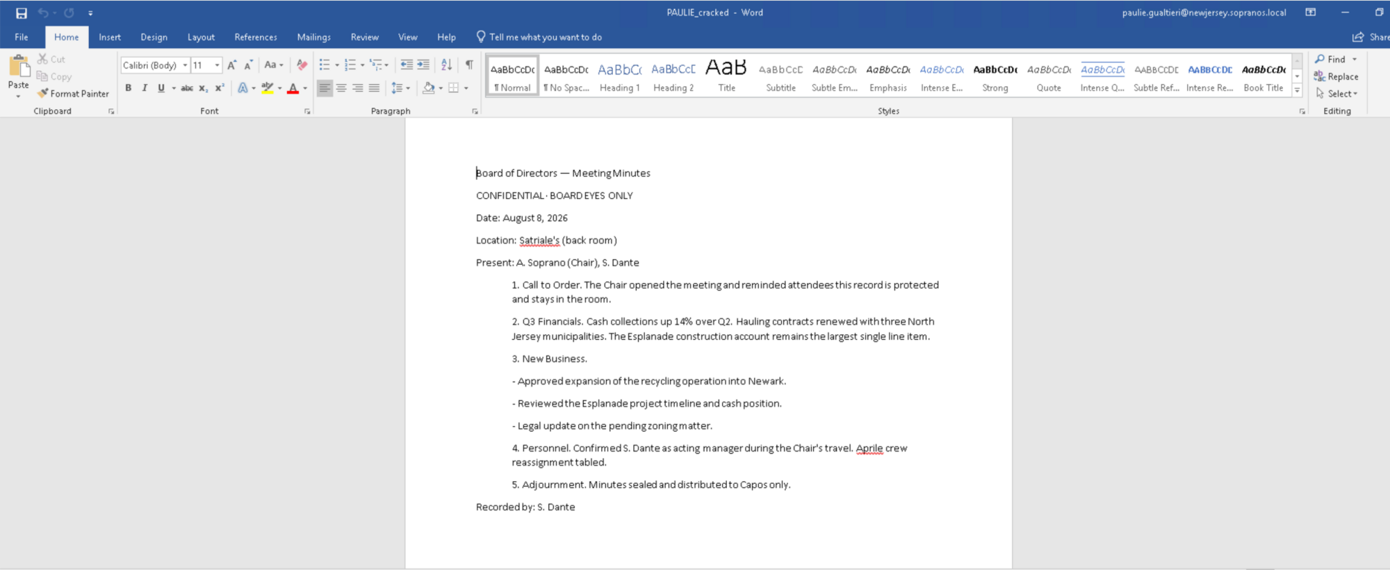 Figure 13: PAULIE_cracked.docx open in Word. No RESTRICTED ACCESS banner.
