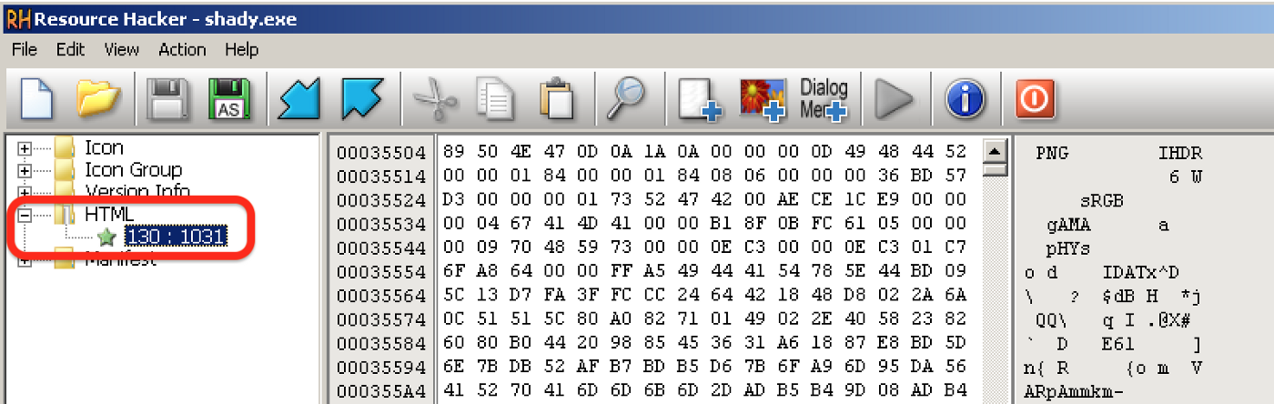 Original executable has an embedded HTML resource with a PNG header