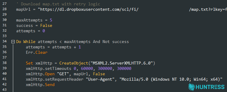 The script that downloads and decodes map.txt uses a hardcoded User-Agent string to make it appear like a regular user is downloading the file from Dropbox.