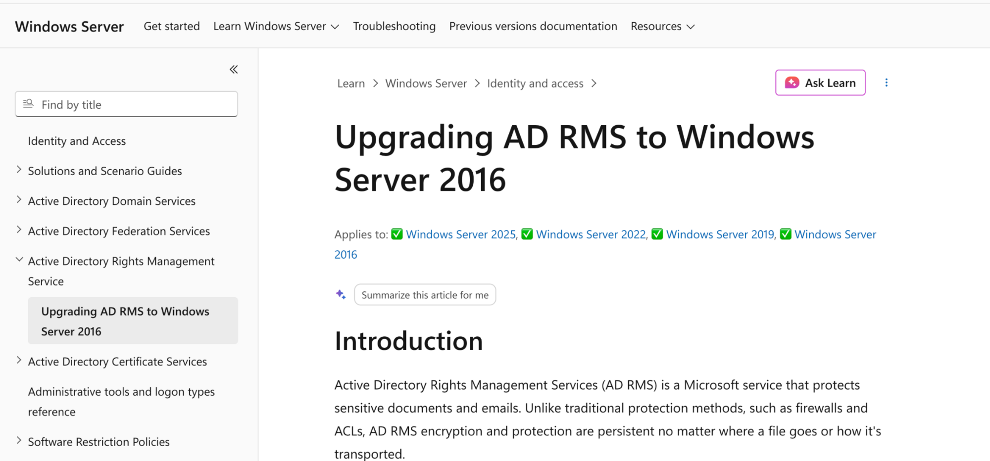 Microsoft Learn, "Upgrading AD RMS to Windows Server 2016." The "Applies to" header lists Windows Server 2025, so the guidance still applies to the current OS. Only the title is out of date, not the content.