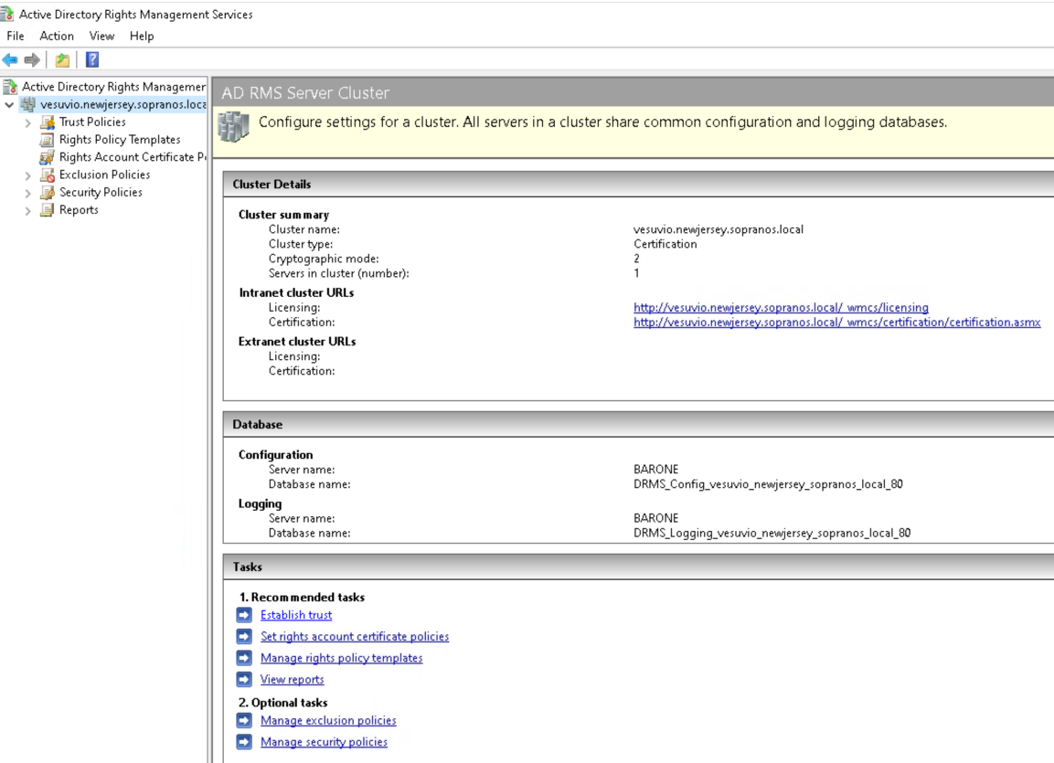 The AD RMS console once the role is installed. Trust Policies (Trusted User Domains, Trusted Publishing Domains), Rights Policy Templates, Exclusion Policies, Security Policies (Super Users, Cluster Key Password, Decommissioning), and Reports. Every node here maps to something the series covers later.