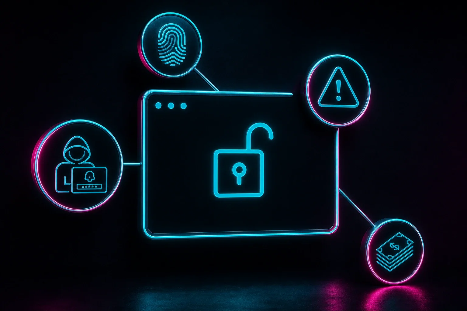 A data breach taking place on a computer with warning signs.