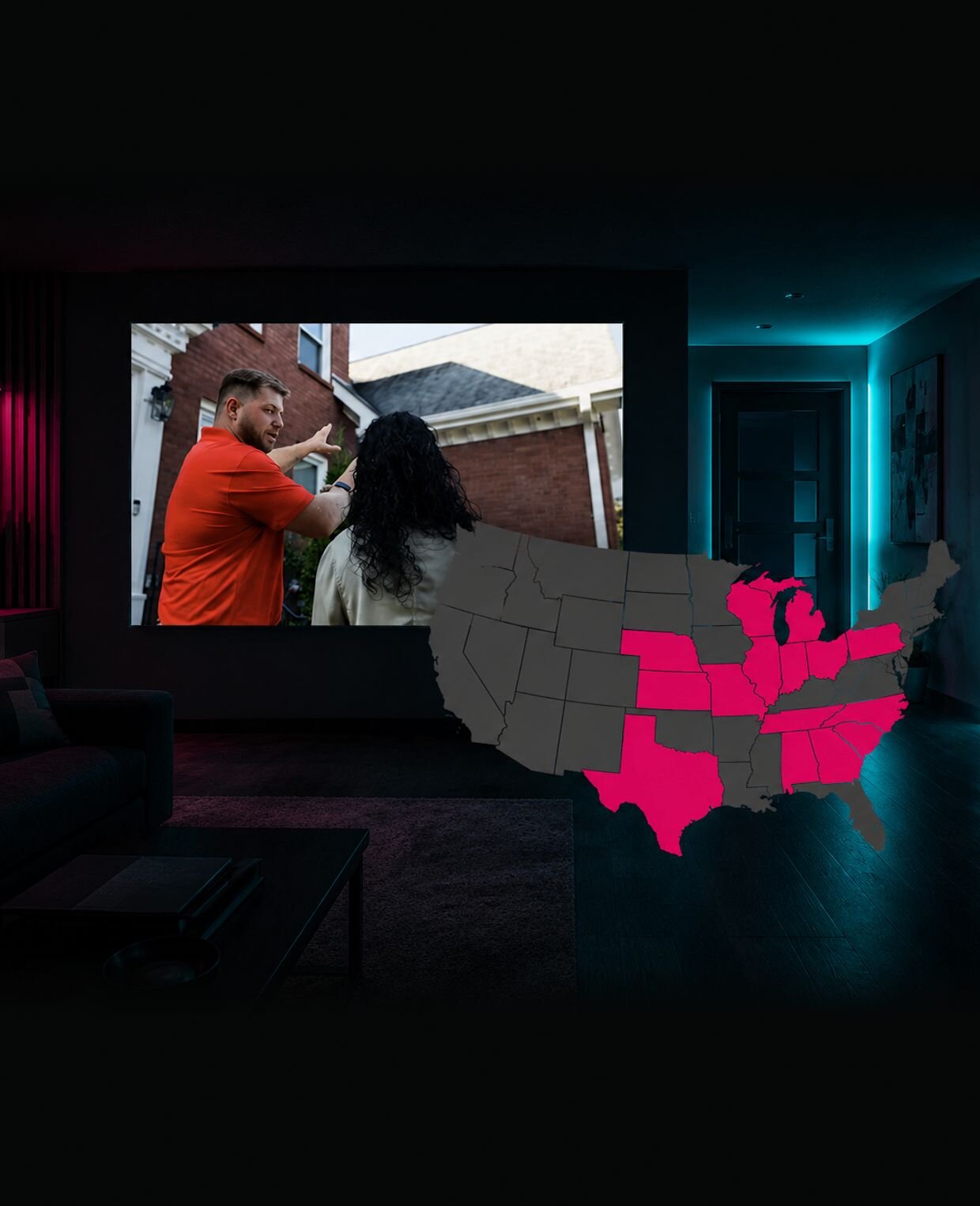 Map of the US with certain states highlighted, and a picture of two people looking at a roof behind it