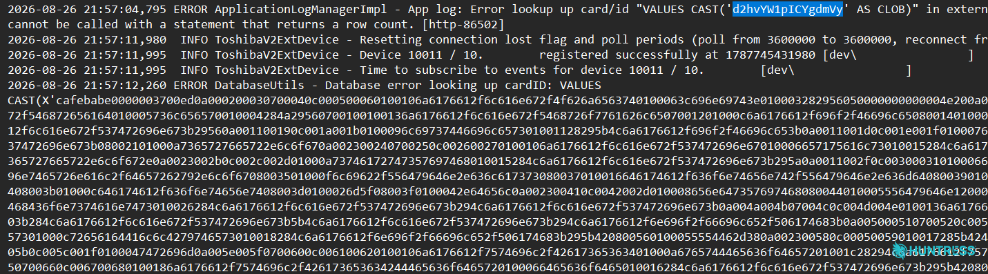 The large array of hexadecimal code appears in the Papercut server's server.log file