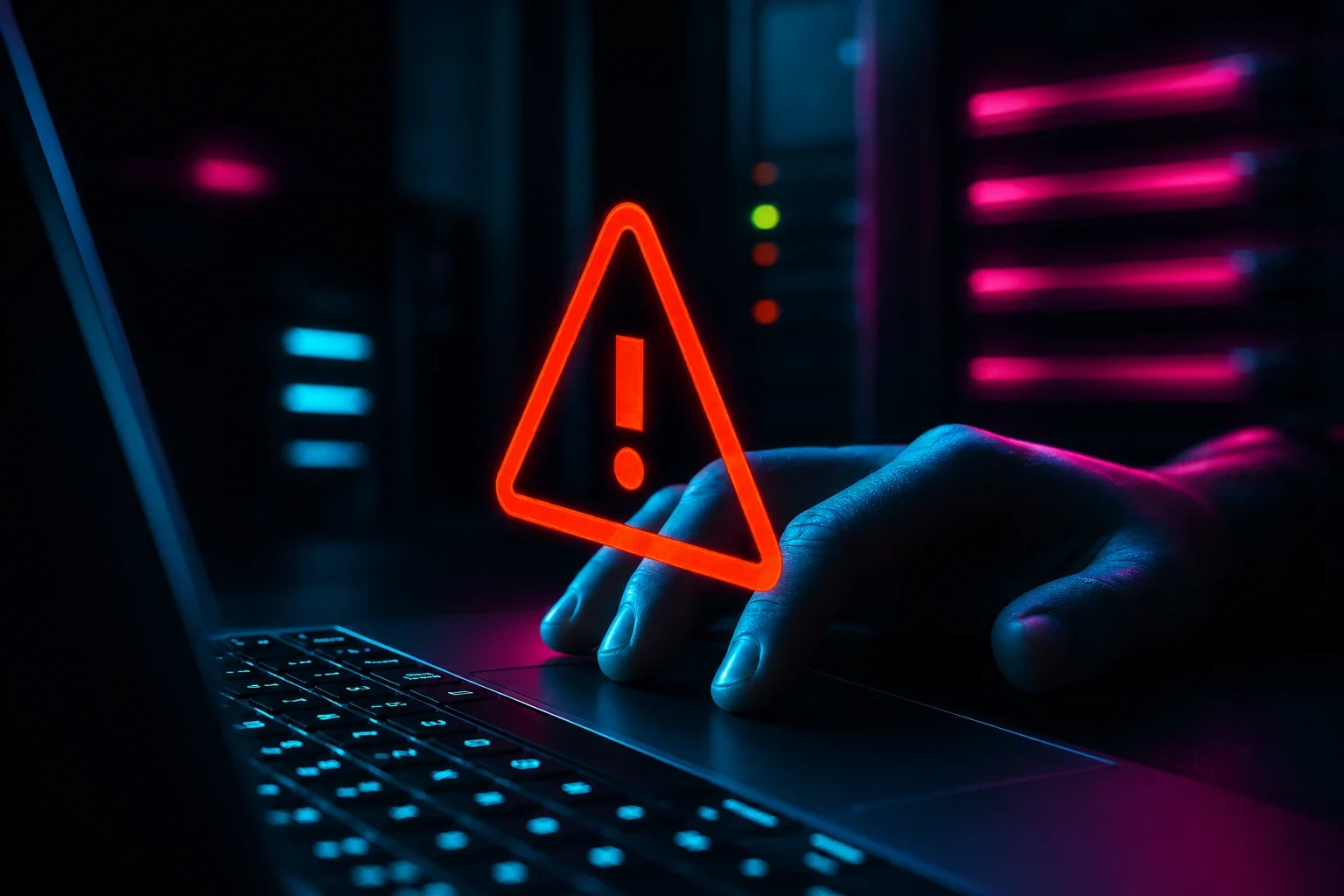 Red caution sign overlaid on a picture of a laptop with a hand on the trackpad