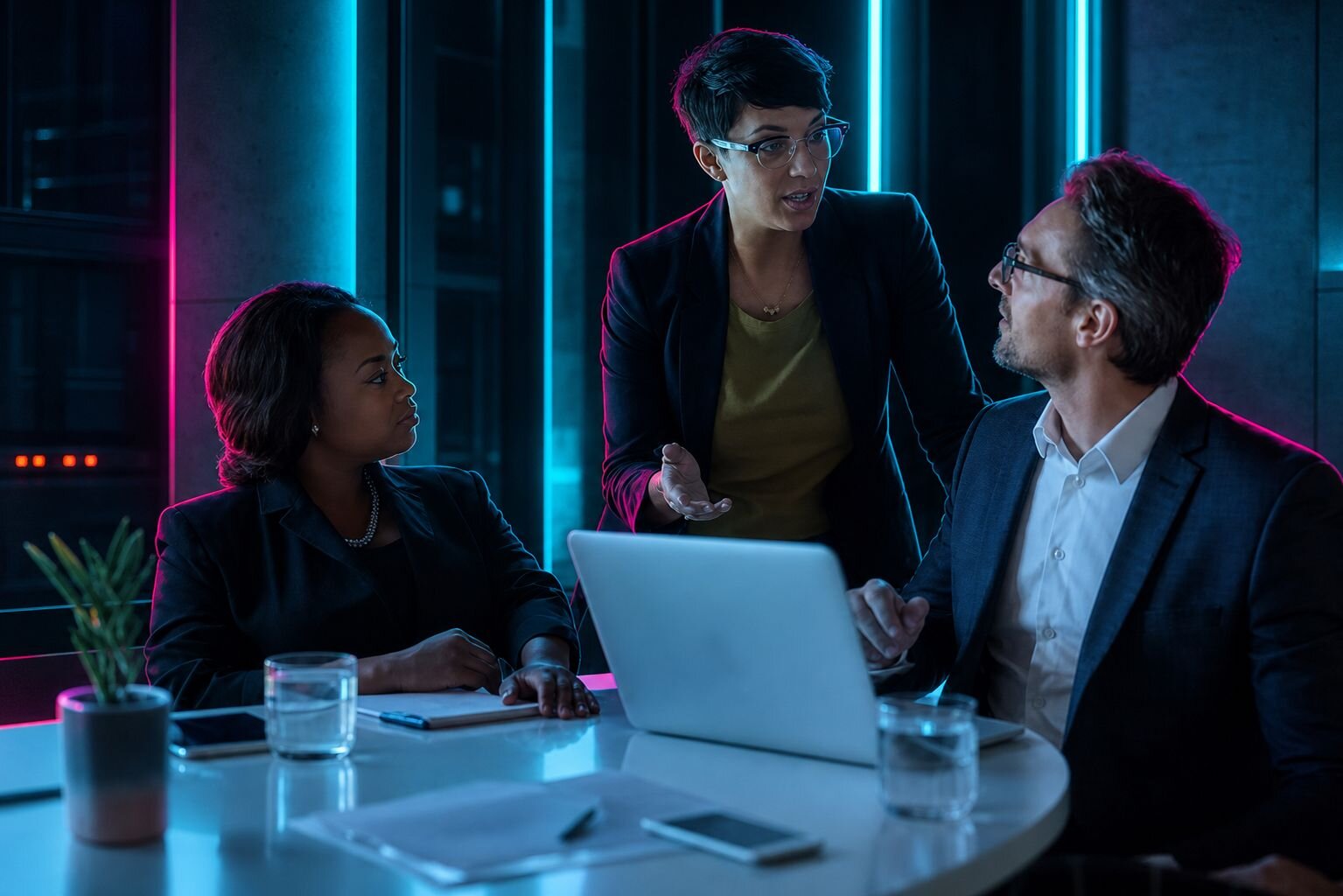 Group of business people meeting in a room around a table