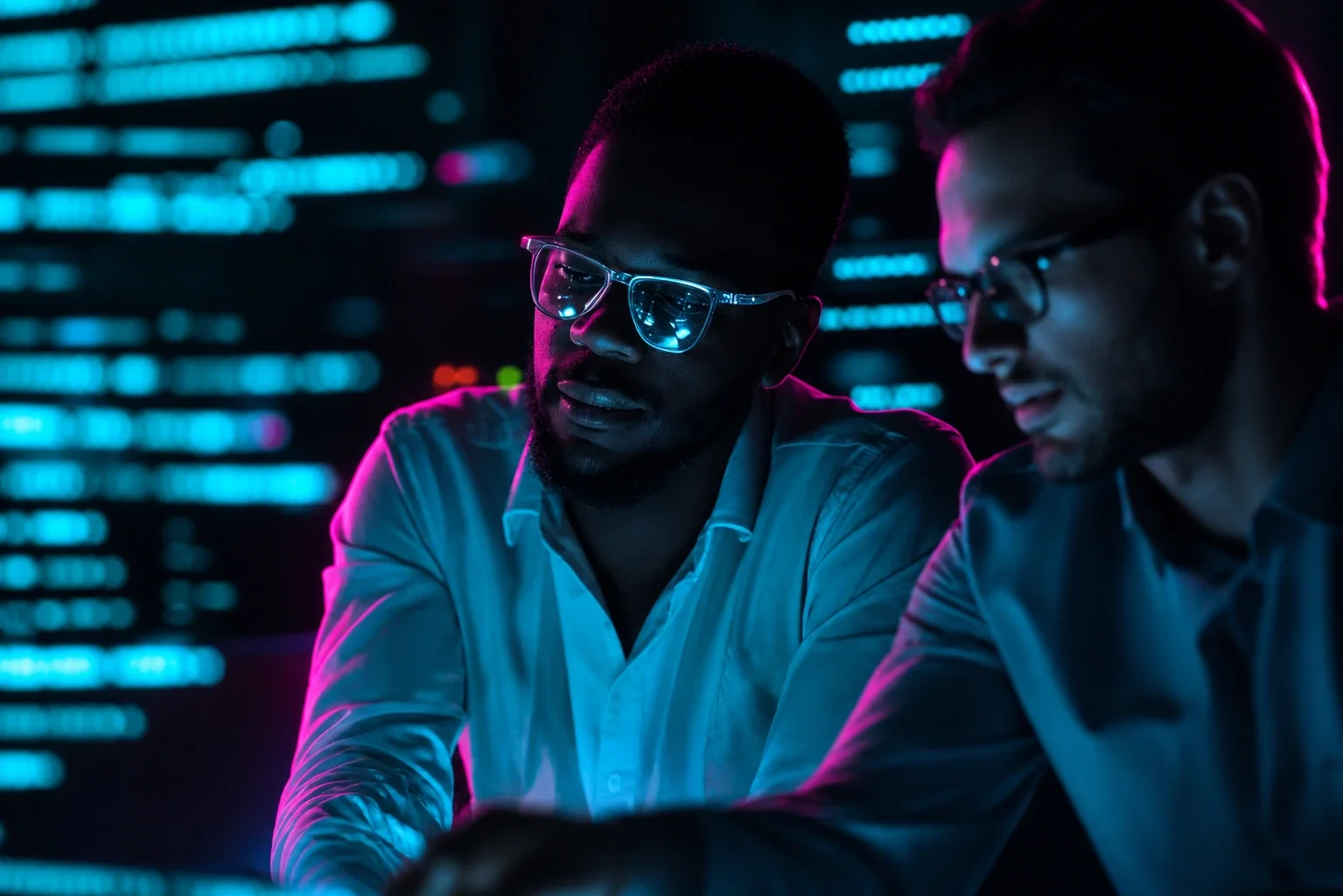 Two guys staring at a screen