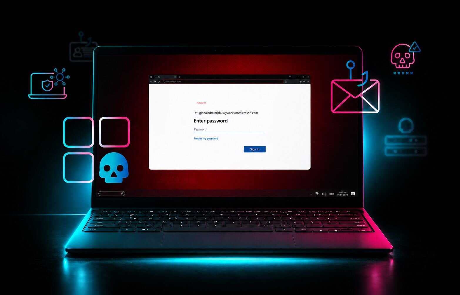 Laptop with glowing icons overlapping