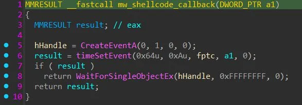 The shellcode address is passed as user data to timeSetEvent, which invokes it indirectly through the fptc callback (Source :Huntress).  