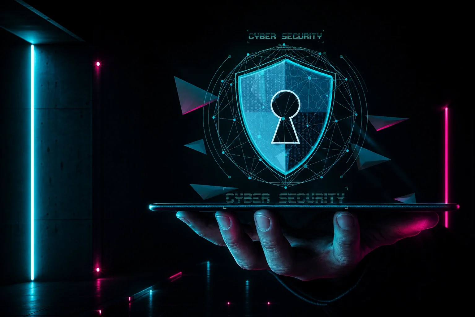 Person holding a tablet with a shield with a keyhole 