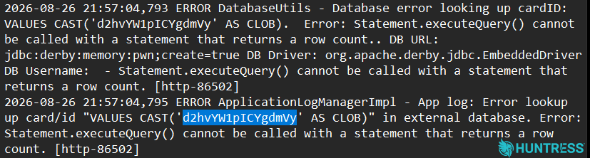 A sample log entry highlighting a base64-encoded command