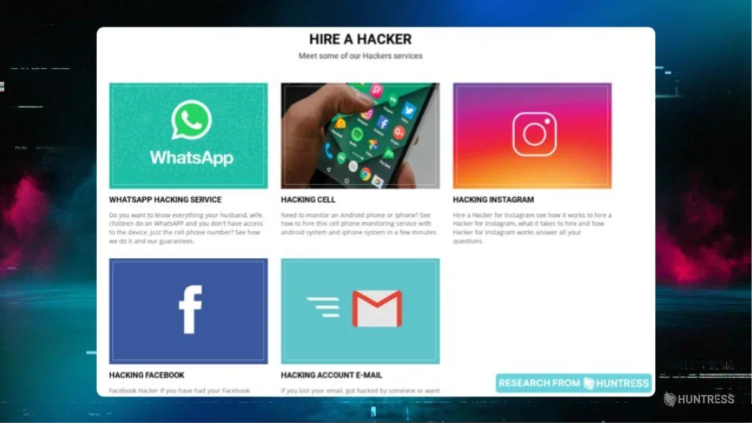 Hire a hacker meet some of our Hackers services with images of apps like whatsapp, facebook, instagram and email