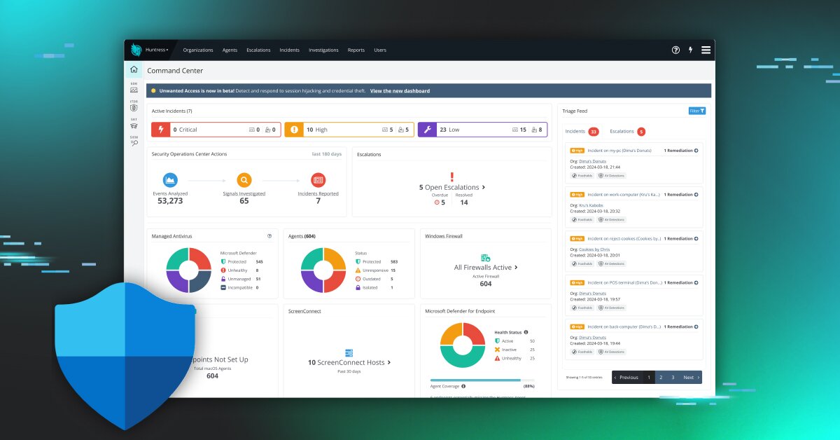 Huntress dashboard showing Managed EDR, which integrates with Microsoft Defender