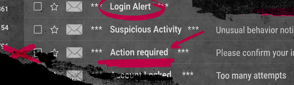 Image of an email inbox with certain items circled in pink