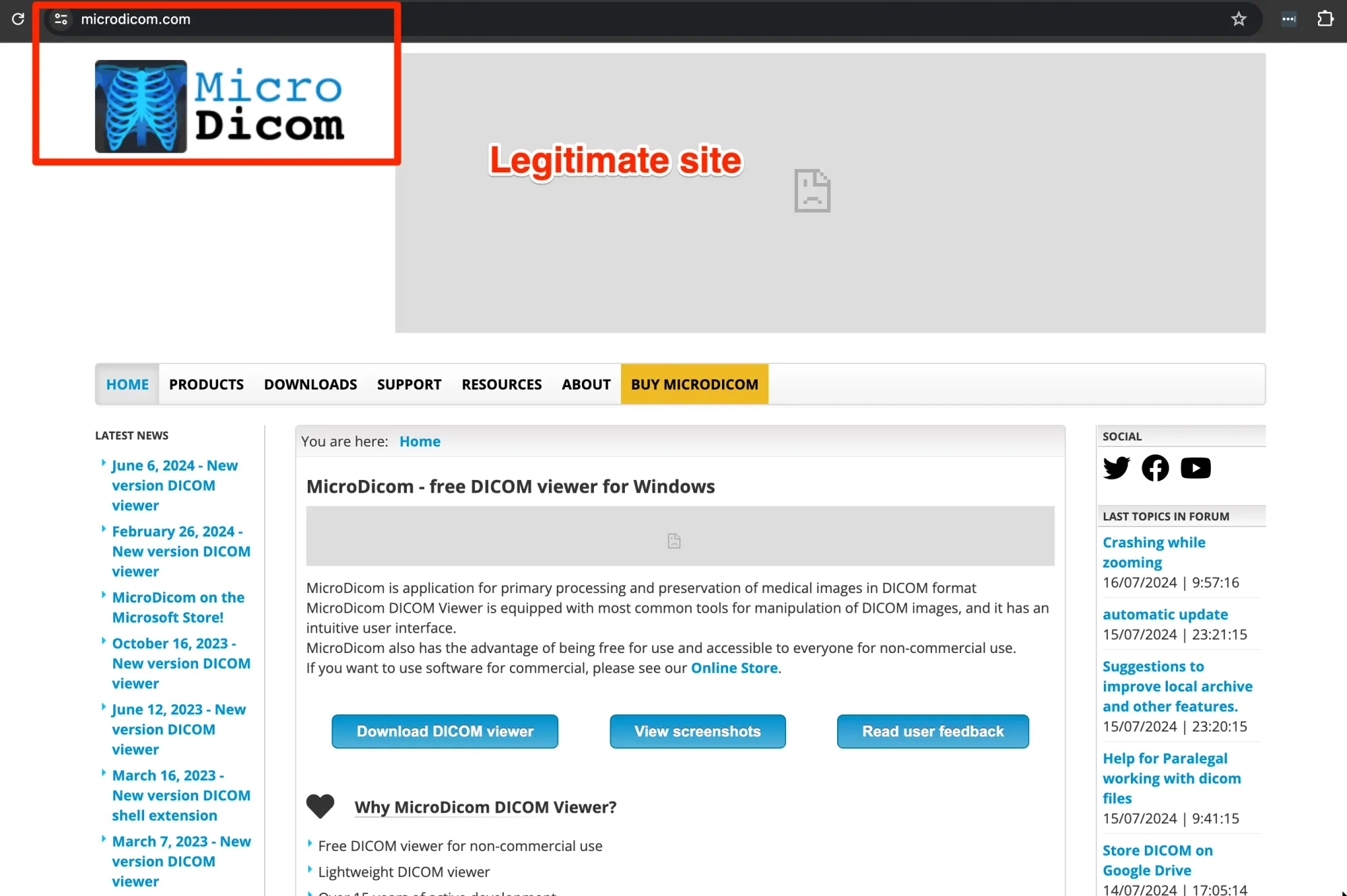 Screenshot of legitimate MicroDicom site