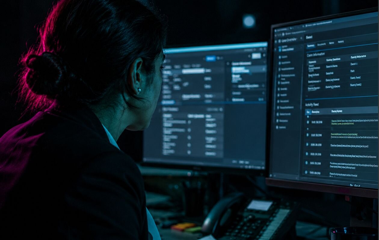 Woman with a bun sitting in front of two computer monitors with code on them