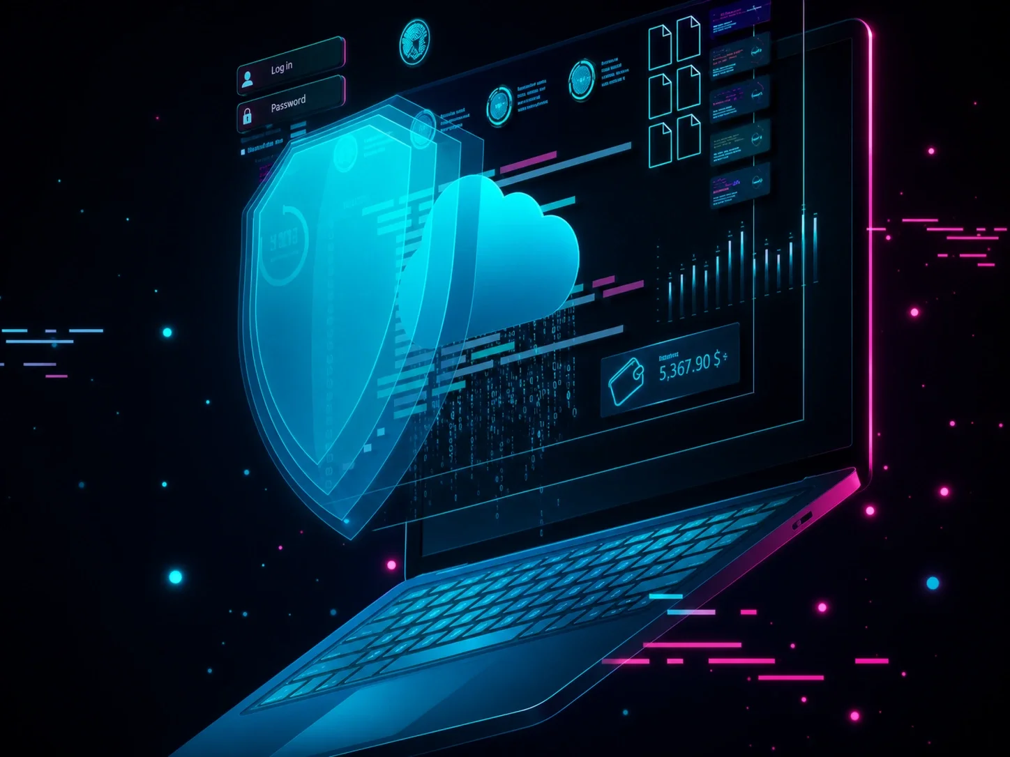 Illustration of a laptop with a glowing shield, cloud, and login interface