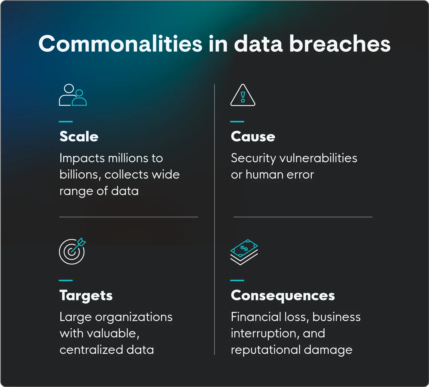 Things that large data breaches have in common, including scale, cause, targets, and consequences.