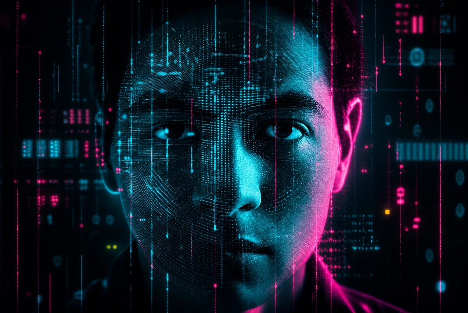 Face of a man with code over it