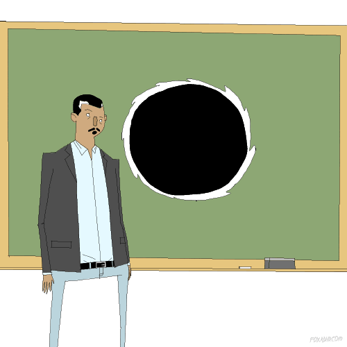 Cartoon teacher standing beside a chalkboard with a large empty black circle drawn on it.