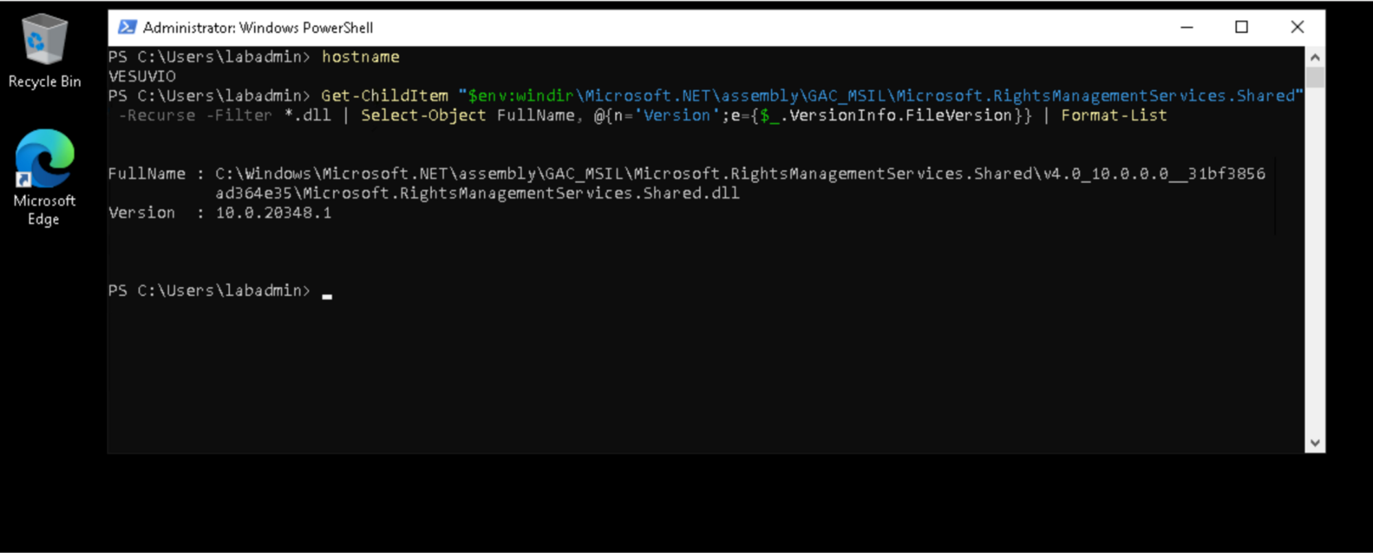 Figure 14: Microsoft.RightsManagementServices.Shared on VESUVIO. The reference implementation is a Microsoft-signed server assembly, version 10.0.20348.1, installed in the GAC by the AD RMS role. It is present on the server and absent from a domain workstation, which is why the cross-check in the next figure can only run here.