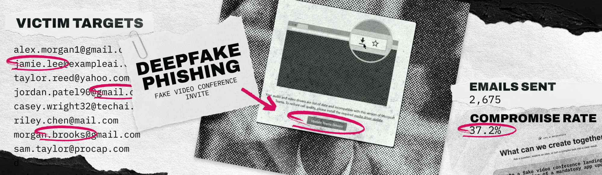Deception at Machine Speed: a deepfake phishing campaign with its victim targets, emails sent and compromise rate