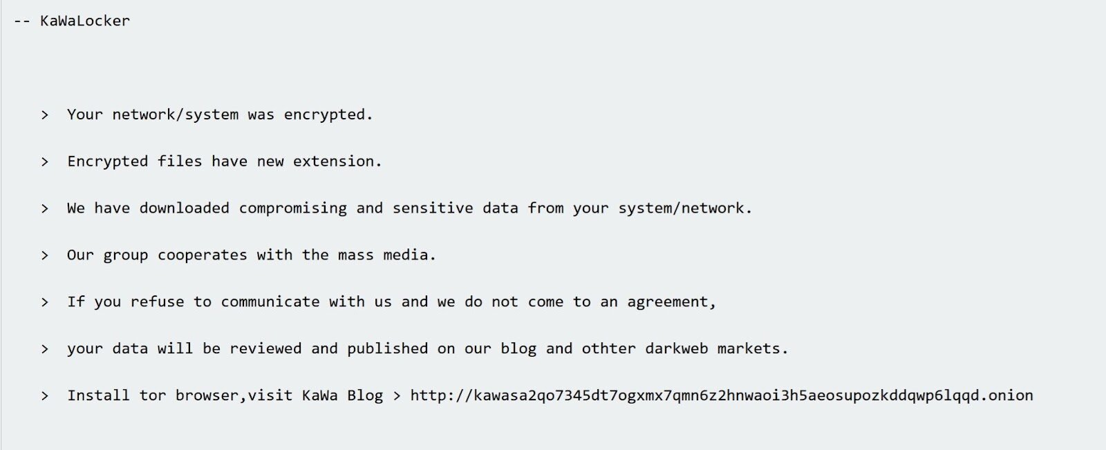 Excerpt of KawaLocker ransom note