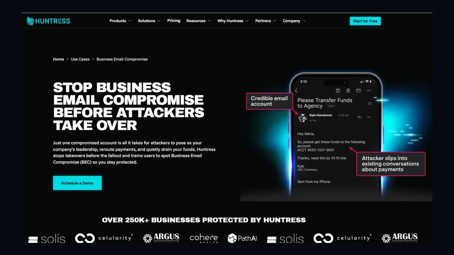 A screenshot of Huntress’s Business Email Compromise page