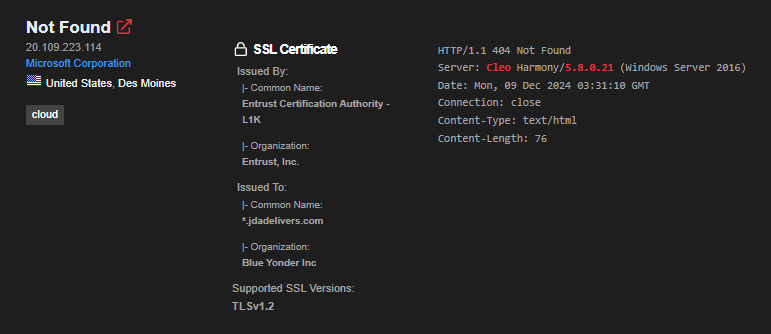 Figure 3: View of vulnerable Cleo server as seen on Shodan 